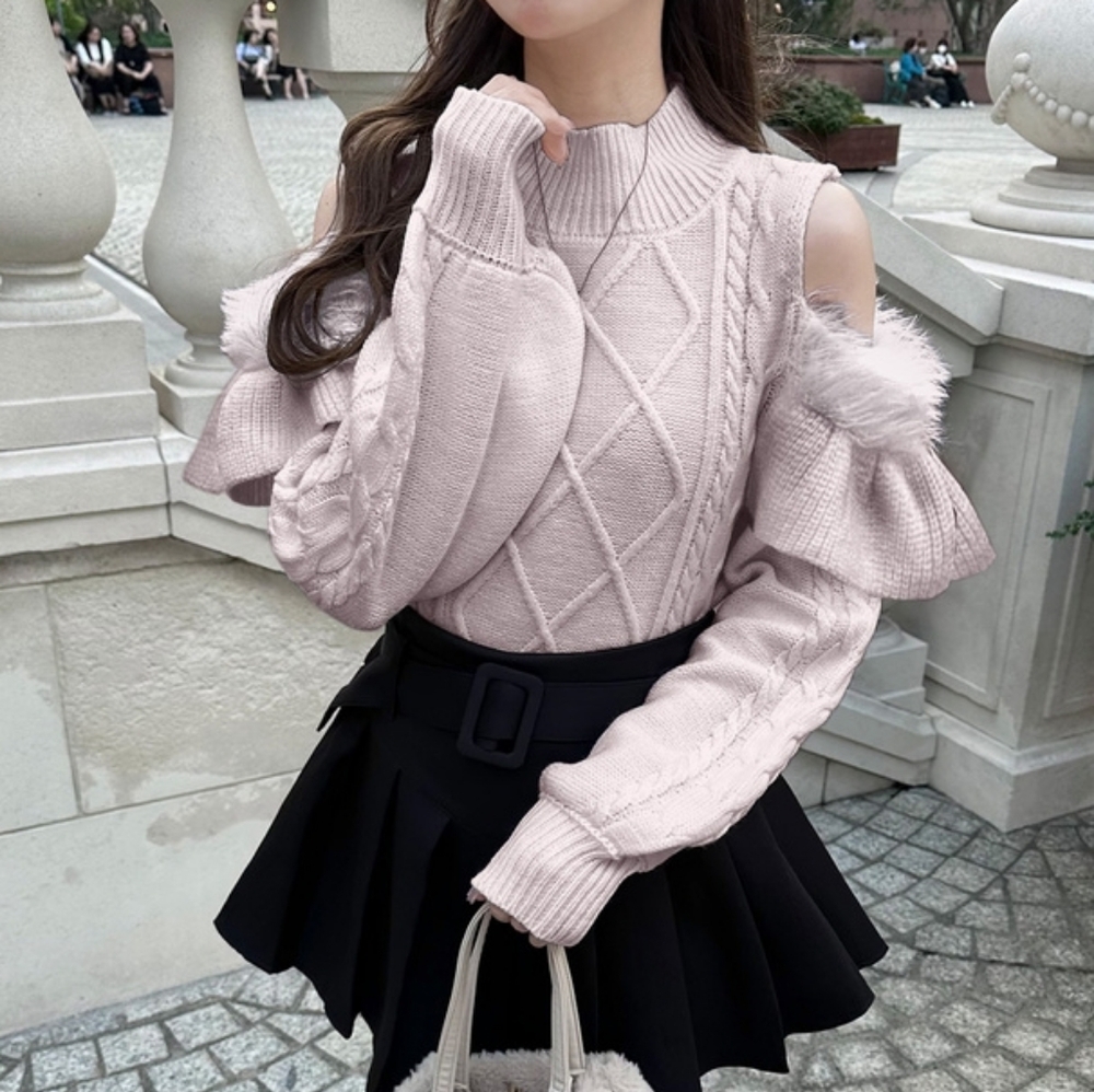 GRL - Cold Shoulder Knit Top with Feathered Ruffles